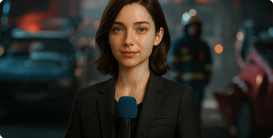 AI news anchor Laura on-air with newsroom background