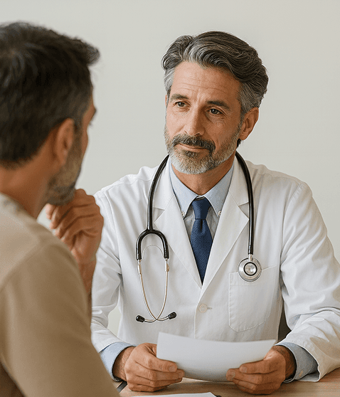 Doctor speaking with a client while holding paperwork